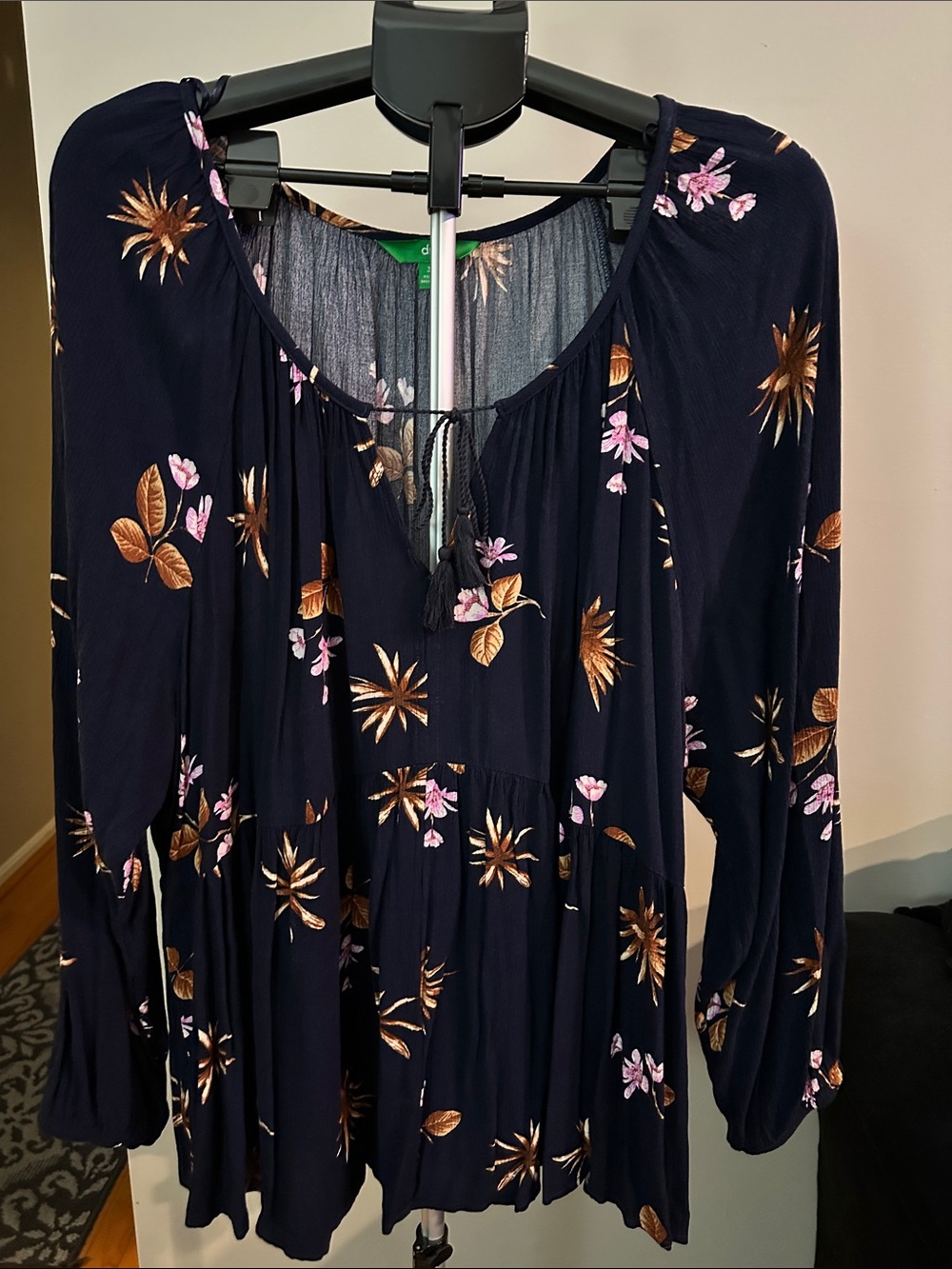 dip Navy Floral Peasant Top with Pink Blossoms & Gold Leaves